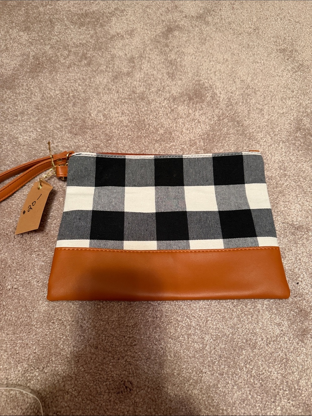Black and White Buffalo Check Wristlet with Tan Faux Leather